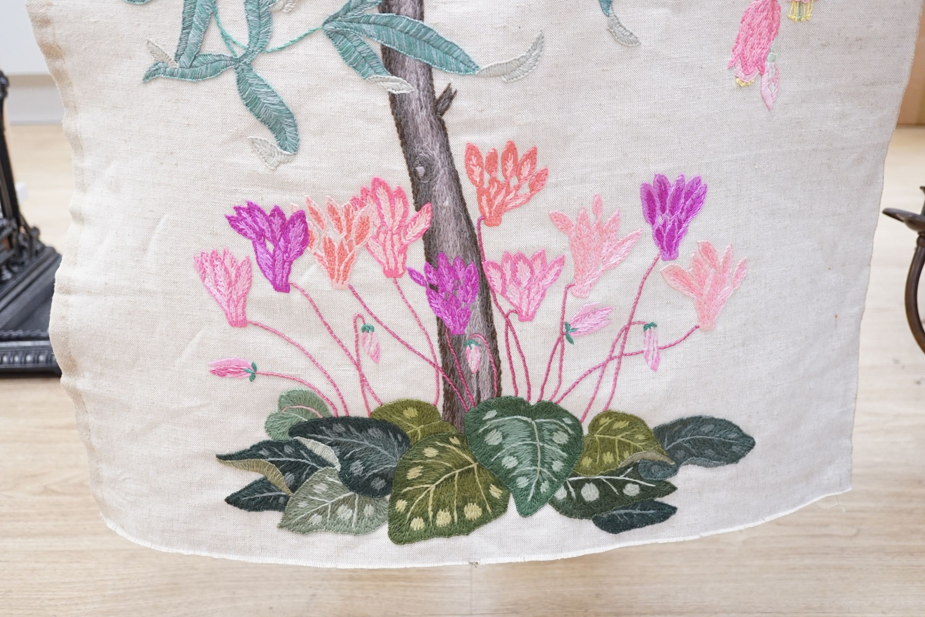 A contemporary wool work and silk embroidered, 'Tree of Life' panel, 170 cms high.